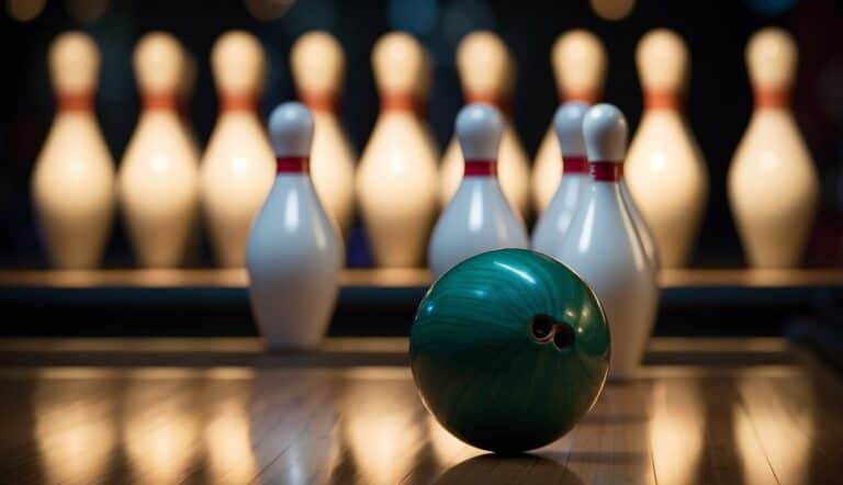 Bowling pins arranged in a triangle, illuminated by overhead lights, with a bowling ball rolling down the lane towards them