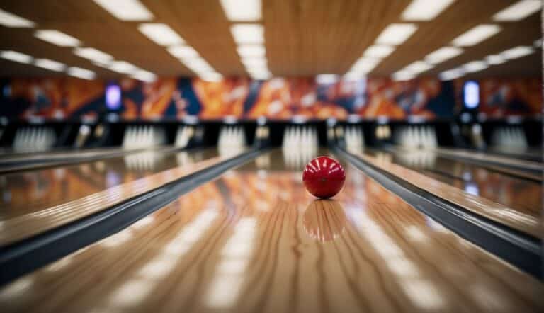 Bowling pins set up on lane, ball rolling towards them, bowler in background