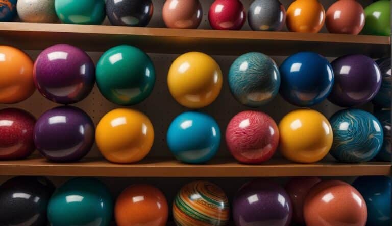 A display of colorful bowling balls on a shelf, with various weights and designs to choose from