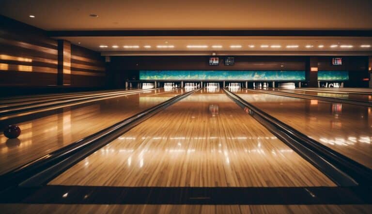 A sleek, modern bowling alley with polished lanes, vibrant lighting, and a bustling atmosphere