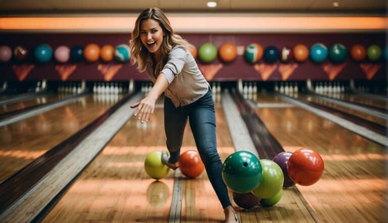 Women bowling, colorful balls rolling down polished lanes, pins crashing, laughter and chatter filling the air