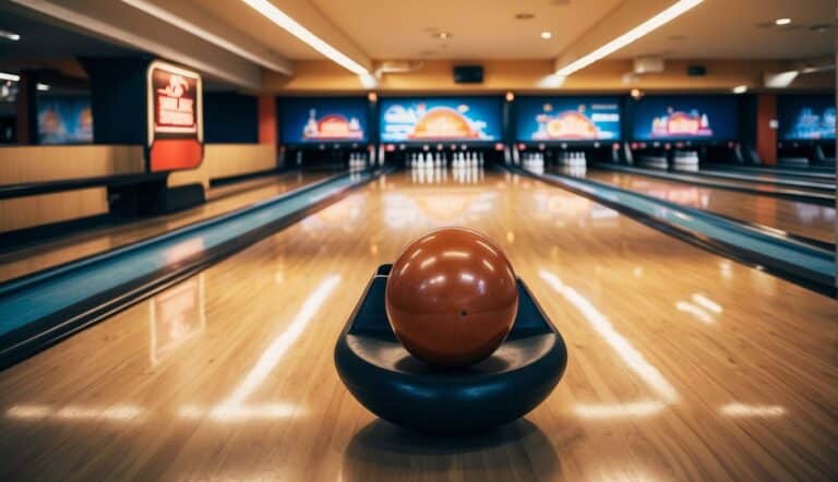 Bowling alley with safety signs, cushioned barriers, and non-slip flooring to prevent injuries