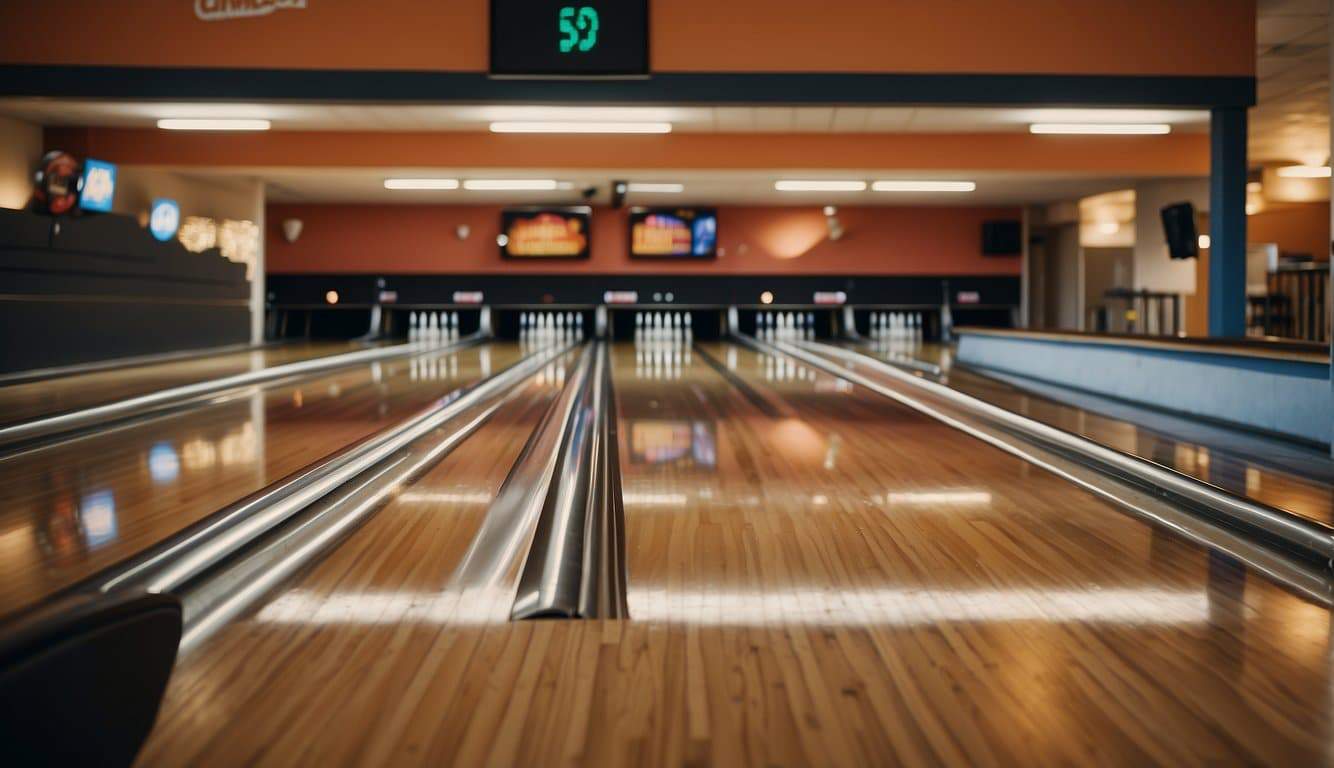 Bowling alley in Germany, with colorful lanes, pins, and players cheering