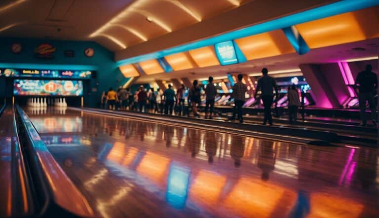 A bowling alley with colorful lanes, glowing neon lights, and groups of people enjoying their leisure time