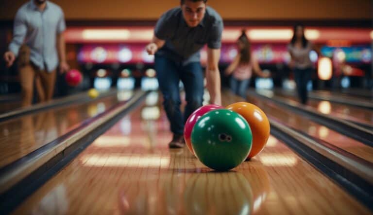 A group of young people enjoying a game of bowling, with colorful balls rolling down the shiny lanes and pins being knocked over in a lively atmosphere