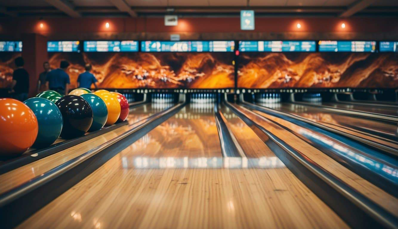 Bowling tournament: lively alleys, colorful balls, striking pins, cheering crowd, competitive players