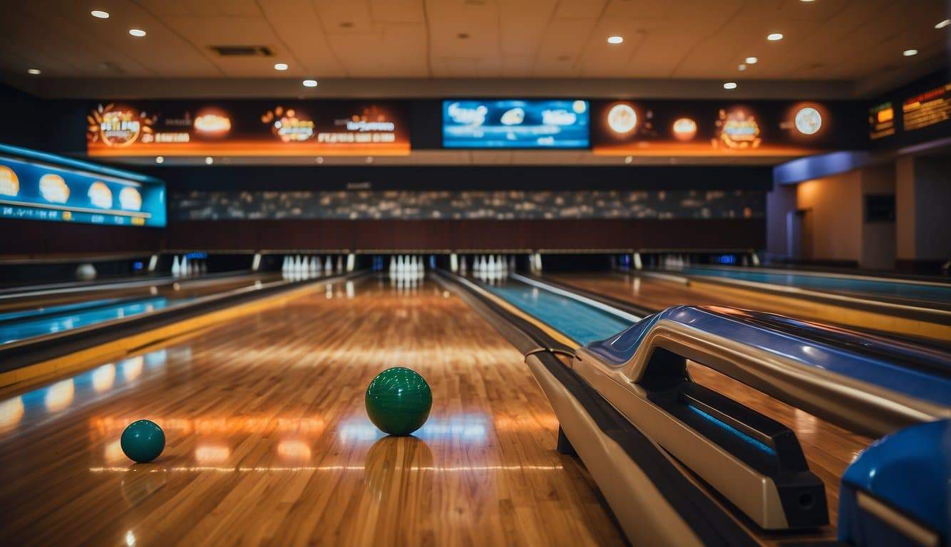 Bowling alley with eco-friendly materials, LED lighting, recycling bins, and solar panels