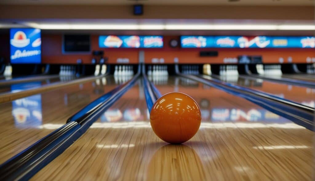 A bowling ball rolls down the lane, knocking over pins in a well-lit bowling alley. The score display shows a strike