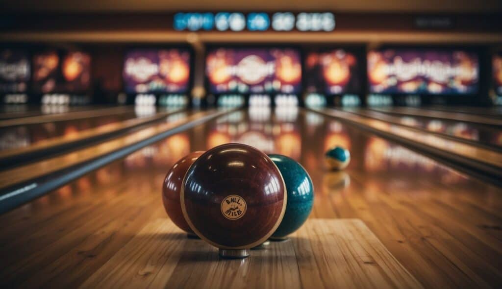 Bowling alley with pins set up, ball return machine, and scoreboard visible. "Wichtige Regeln und Begriffe Bowling-Regeln für Einsteiger" displayed on a sign