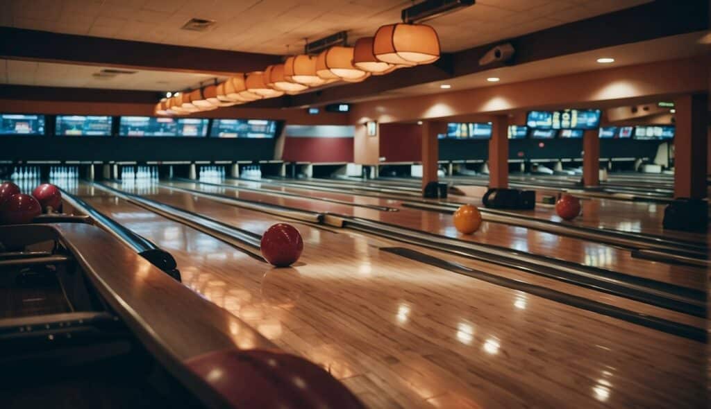 A bowling alley with players following etiquette and league rules, focusing on the lanes and equipment