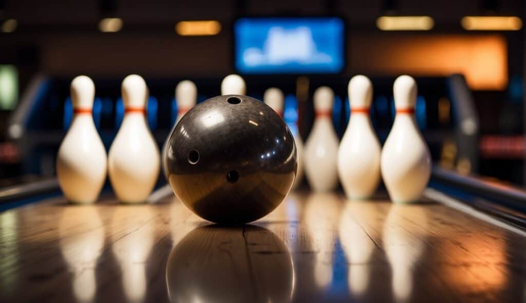 Bowling pins arranged in a neat triangle, with a bowling ball ready to be rolled down the lane