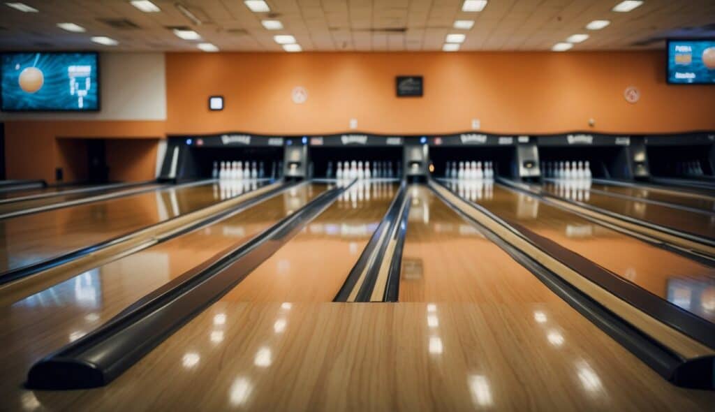 Bowling training scene: lanes, pins, balls, shoes, scoreboards, coaches, players, and equipment