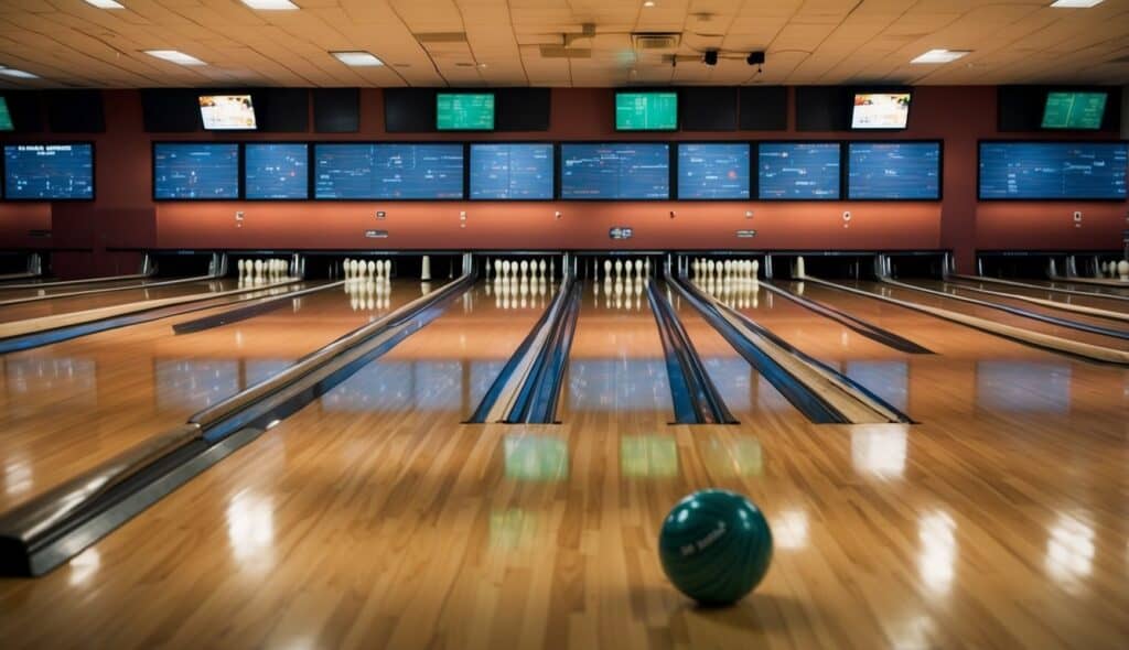 Bowling training and exercises in a well-lit bowling alley with multiple lanes and equipment