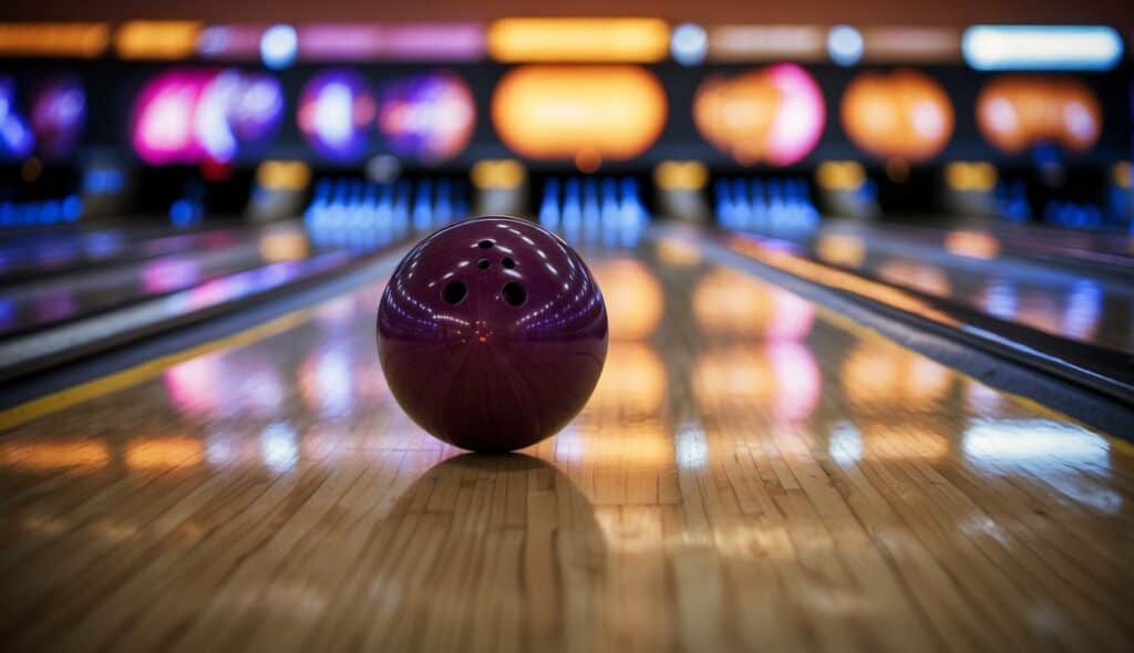 A bowling ball rolling down the lane towards the pins