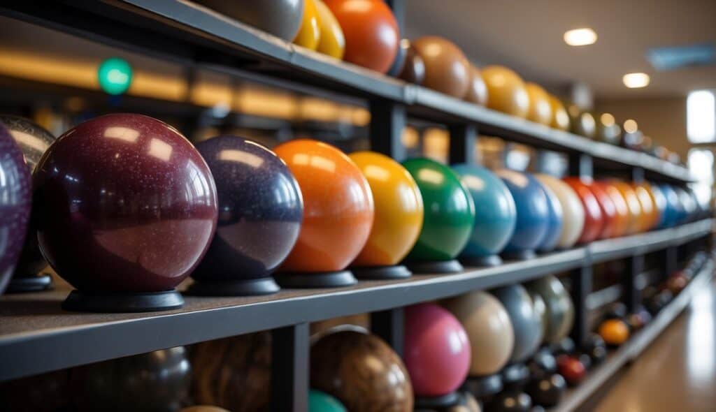 Bowling ball selection guide: Various balls on display with different weights, colors, and textures. A chart with size and weight recommendations