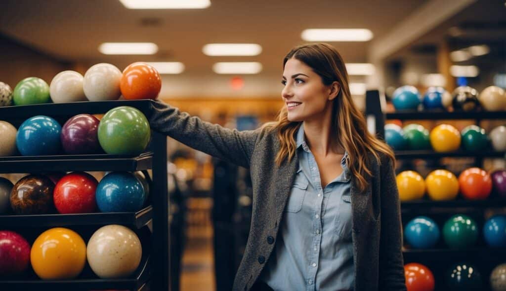 A customer choosing from a variety of bowling balls in a store