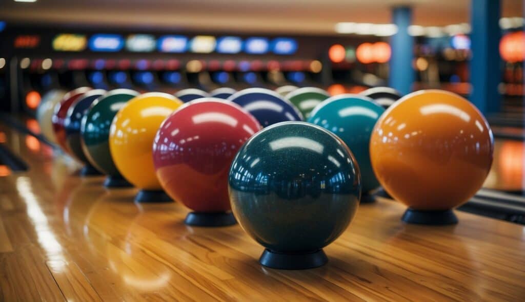 Bowling balls of various sizes and colors lined up for selection and customization