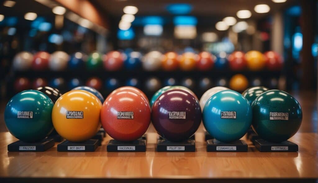 Bowling balls lined up on display with a sign reading "Fazit und Best Practices Bowlingkugeln Auswahl" above them