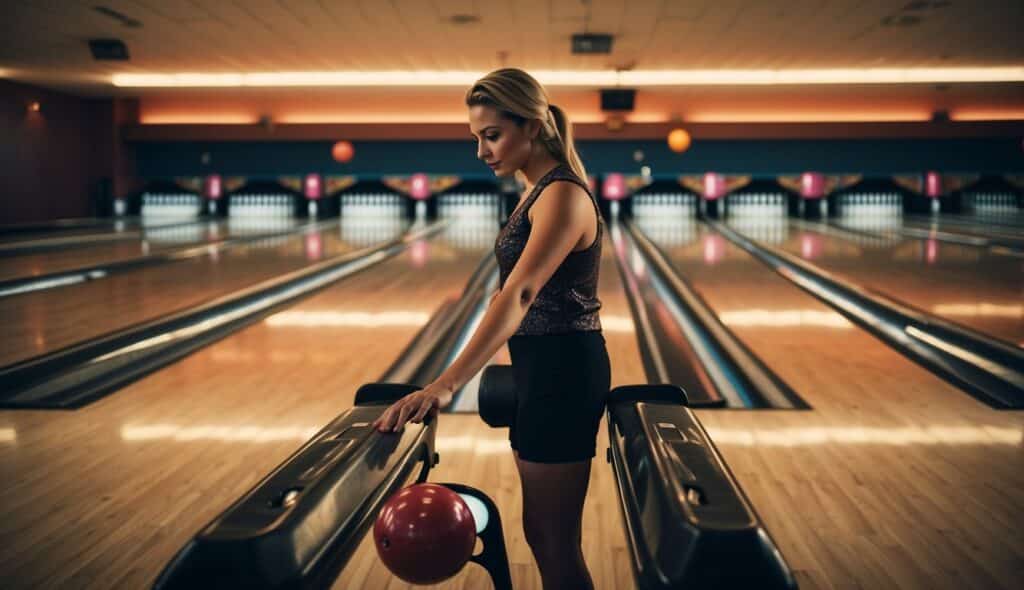 Women using bowling techniques and equipment in a bowling alley