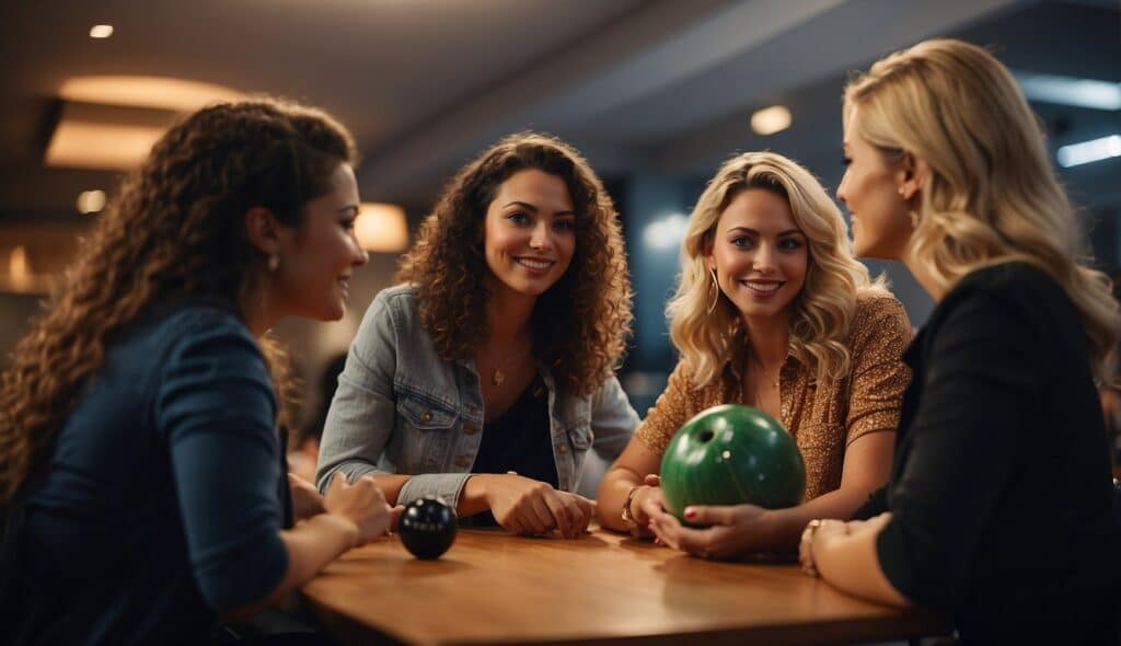 A group of women strategizing and discussing their bowling game plan