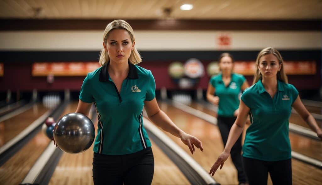 Women competing in a bowling tournament, focused on throwing the ball towards the pins with determination and concentration