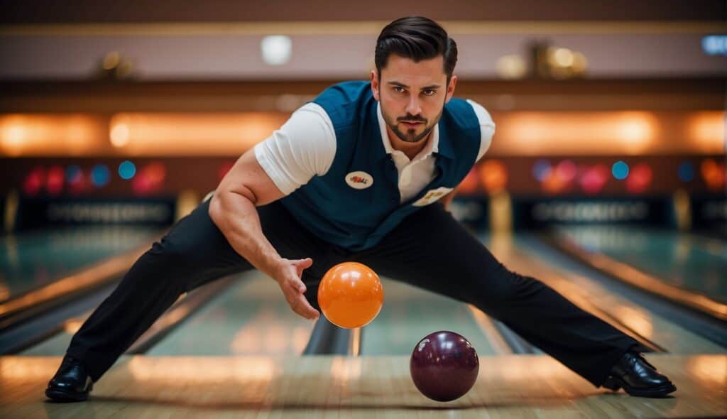 A bowler releasing a bowling ball with proper technique to avoid injuries