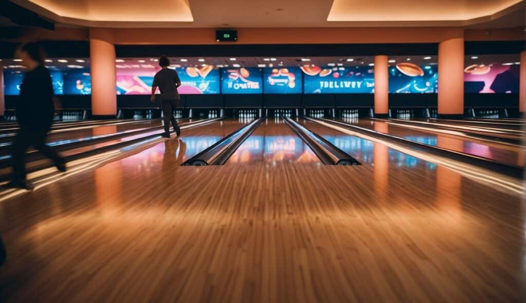 A bustling bowling alley in Germany, with colorful lanes, glowing neon lights, and groups of people enjoying the game