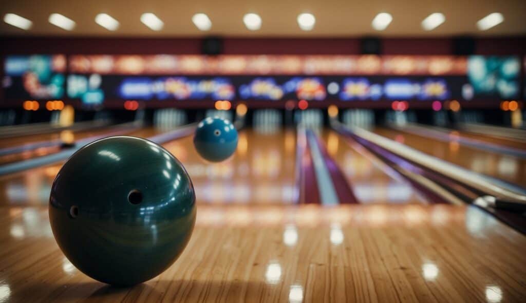 A bowling alley filled with competitive players and enthusiastic spectators in Germany. The sound of rolling balls and crashing pins fills the air