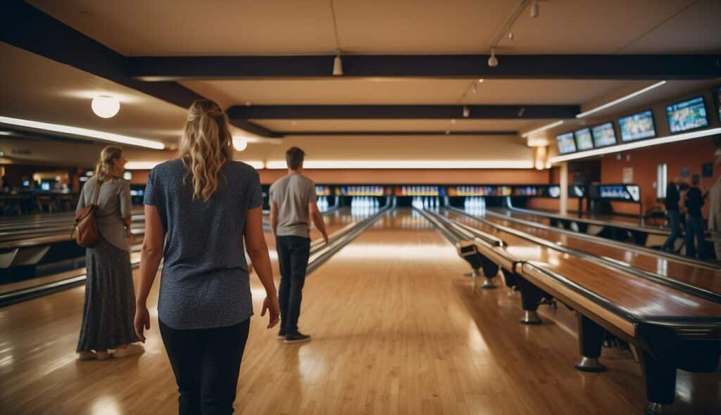 Visitors and members at a German bowling alley, with signage and equipment visible