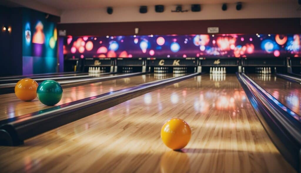 Bowling alley in Germany with colorful balls, polished lanes, and cheering spectators