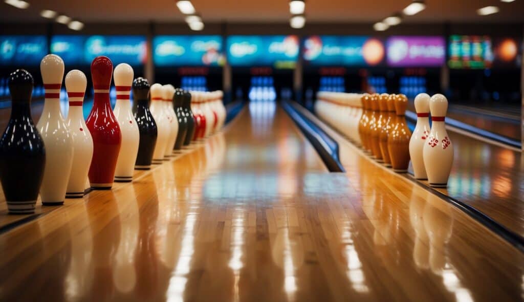 Bowling pins stand in formation on shiny wooden lanes. Players line up, ready to roll their balls down the lane