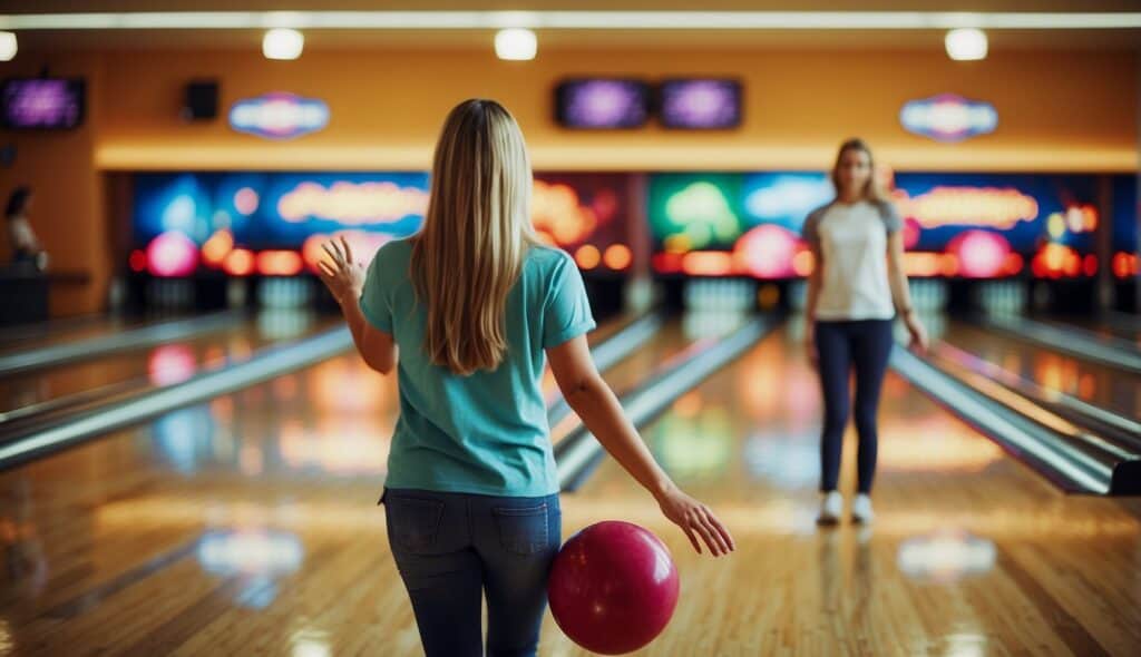 People enjoying bowling as a leisure activity in a vibrant bowling alley with colorful balls, polished lanes, and cheering onlookers