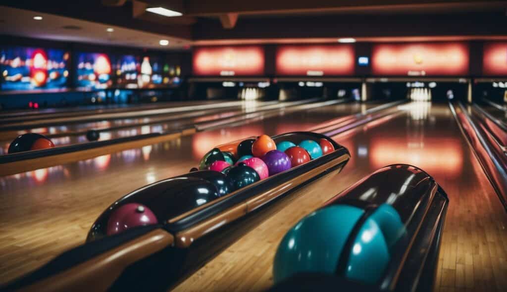 A bustling bowling alley with colorful lanes, flashing lights, and groups of people enjoying games and leisure activities