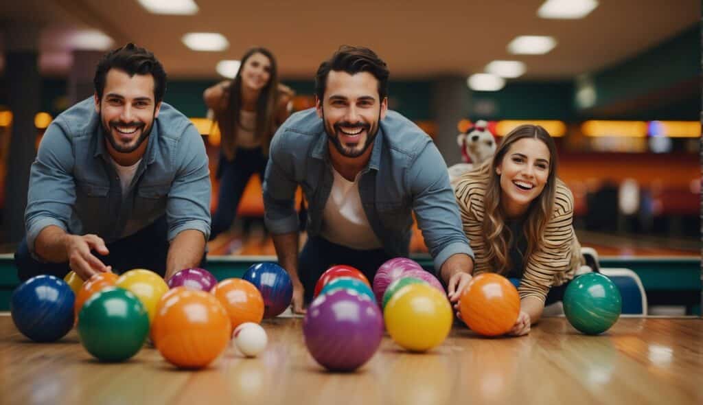 A group of people gather around a bowling alley, with colorful balls rolling down the lanes and laughter filling the air