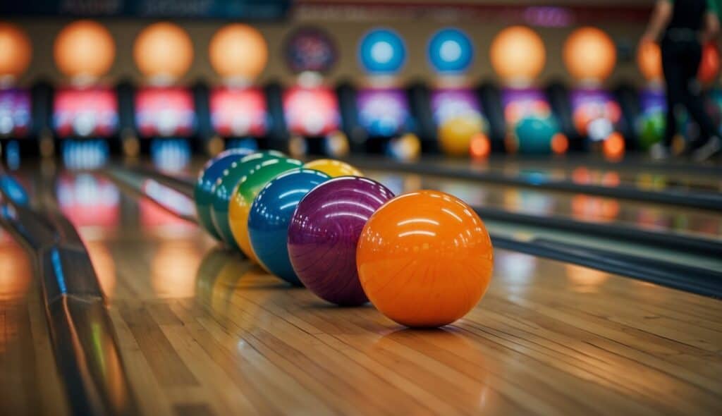 A group of young bowlers line up their shots, focusing on the pins ahead. The colorful bowling balls roll down the shiny lanes, creating a lively and dynamic atmosphere