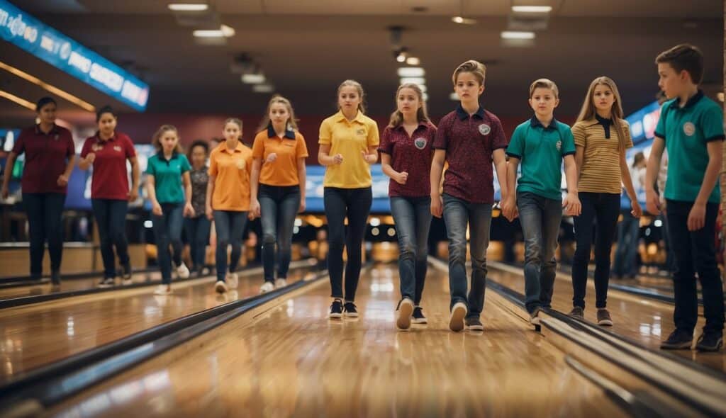 A group of young bowlers compete in a national and international youth bowling competition, surrounded by cheering spectators and brightly lit lanes