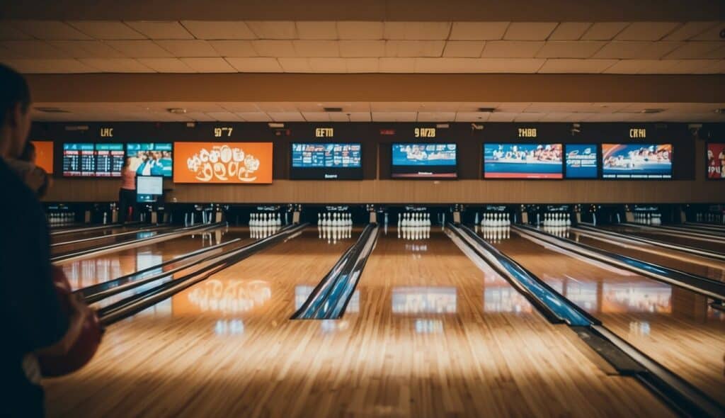 Bowling tournament scene with lanes, pins, and players cheering