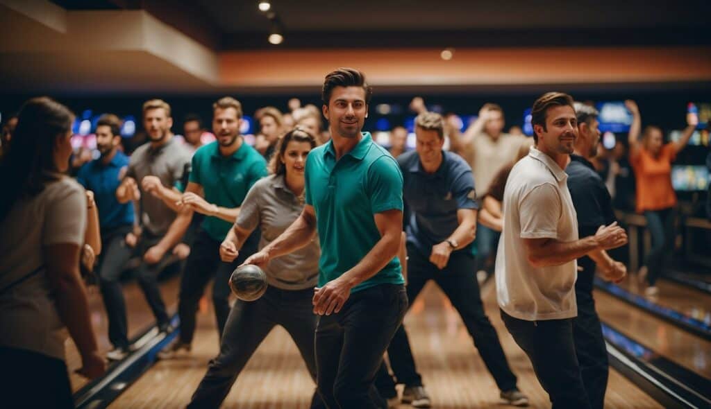 A crowded bowling tournament with players competing and spectators cheering