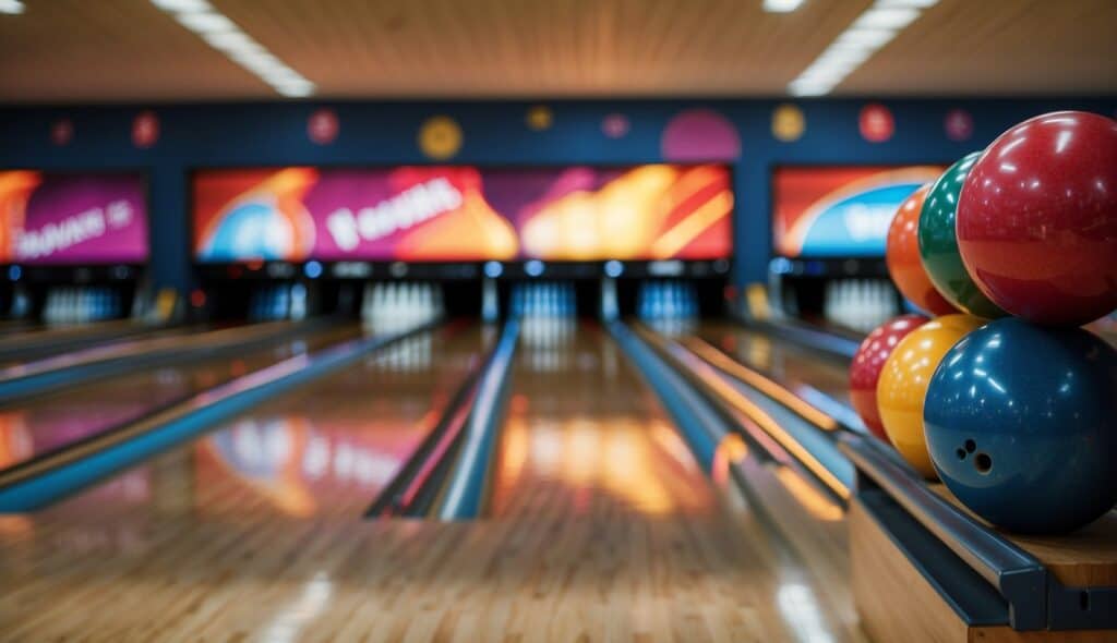 Bowling tournament event with special themed lanes and colorful bowling balls