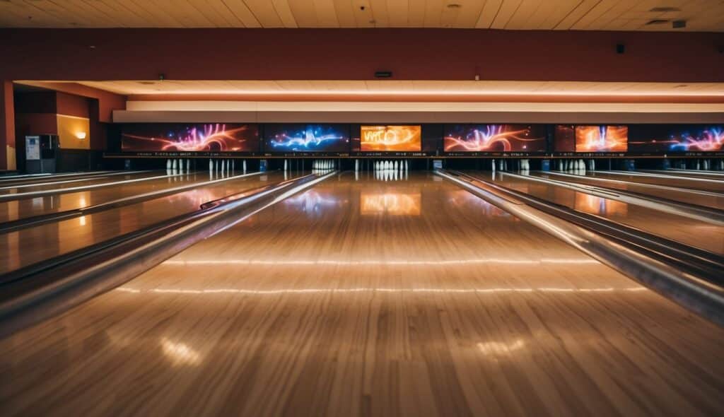 A bowling alley with multiple lanes and seating areas for spectators. Bright lights illuminate the space, and the sound of rolling balls and crashing pins fills the air