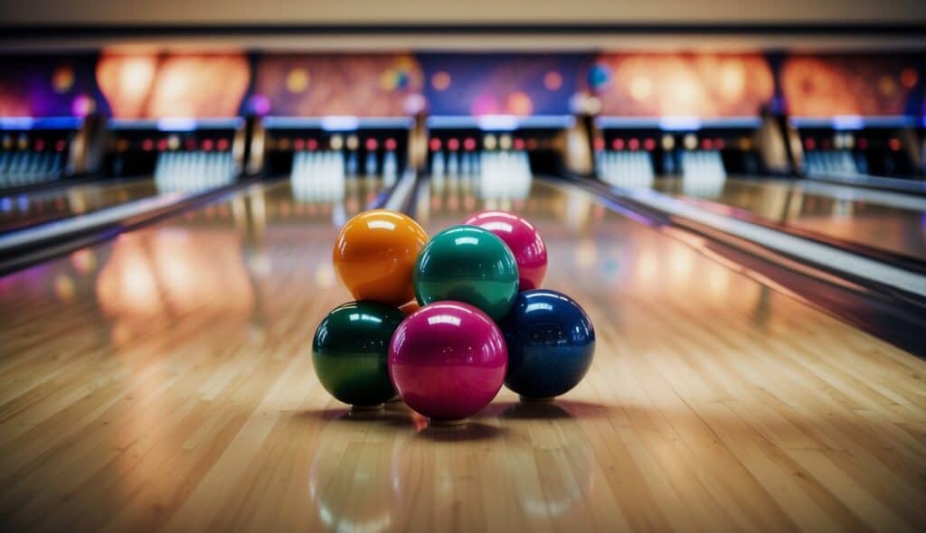 A bowling alley with colorful lanes, shiny bowling balls, and groups of people enjoying the game